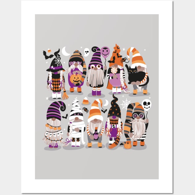 Boo-tiful gnomes // spot // grey background fun little creatures black grey purple and orange dressed for halloween Wall Art by SelmaCardoso